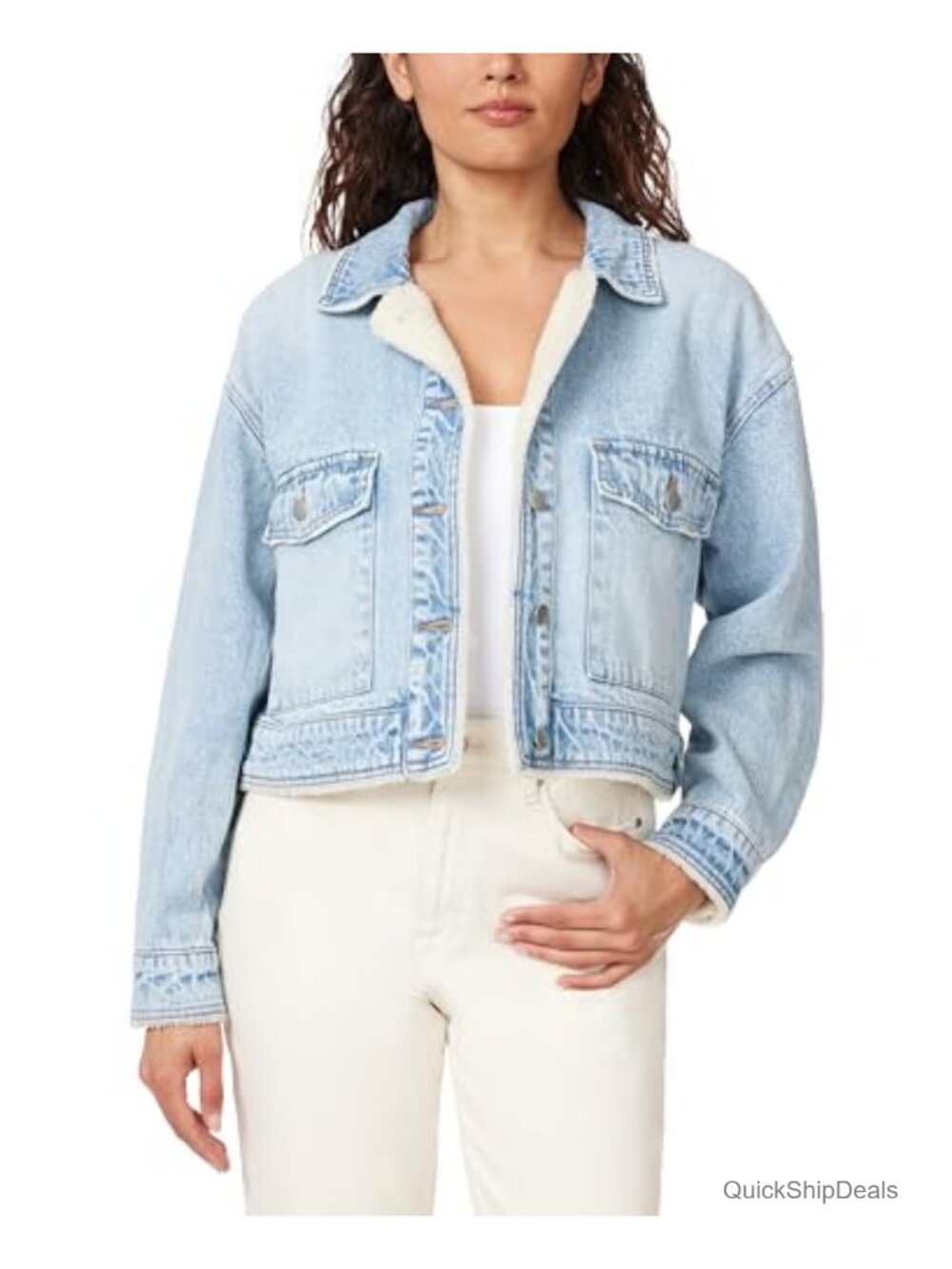 Women's Cropped Denim Cargo Jacket Sherpa Lined Winter Coat